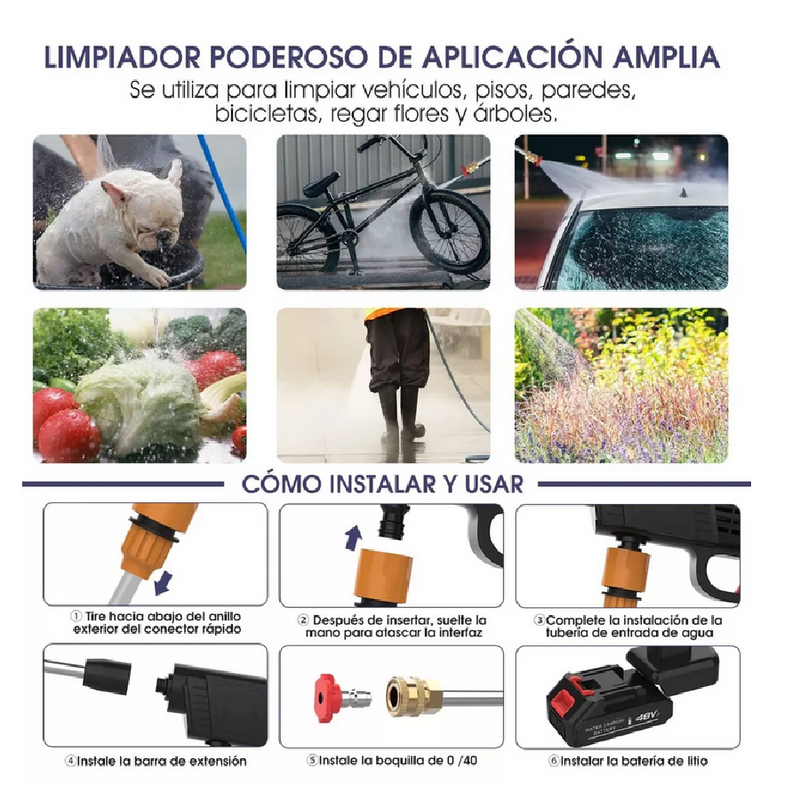 HIDROLAVADORA Portátil de Alta Presión 48v + 2 Baterias + Maletín Con Accesorios